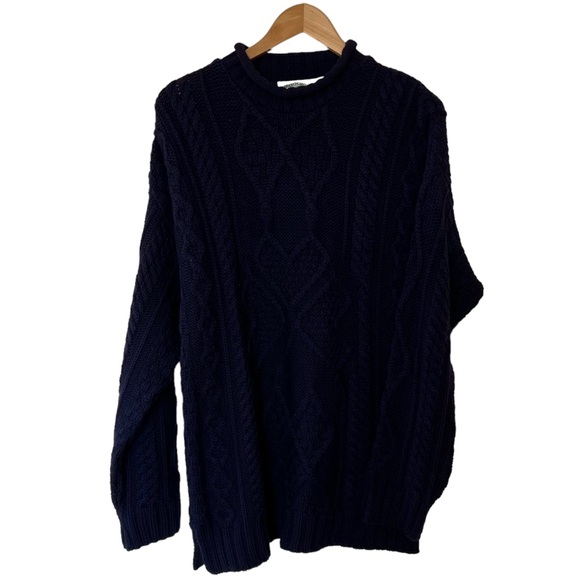Aran Crafts Ireland Navy Blue 100% Merino Wool Cable Knit Fisherman Sweater Med - Picture 1 of 8